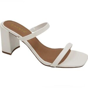 Bamboo Kickback Two Strap Square Toe Low Block Heel Mules Patent White Sandals
